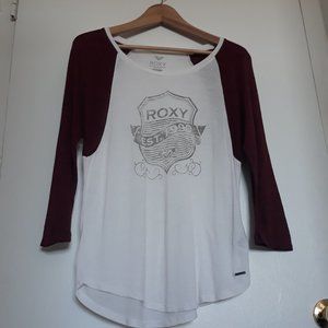 Roxy Women's Logo Shirt, White with Burgundy Raglan 3/4 Sleeves, Sz XS